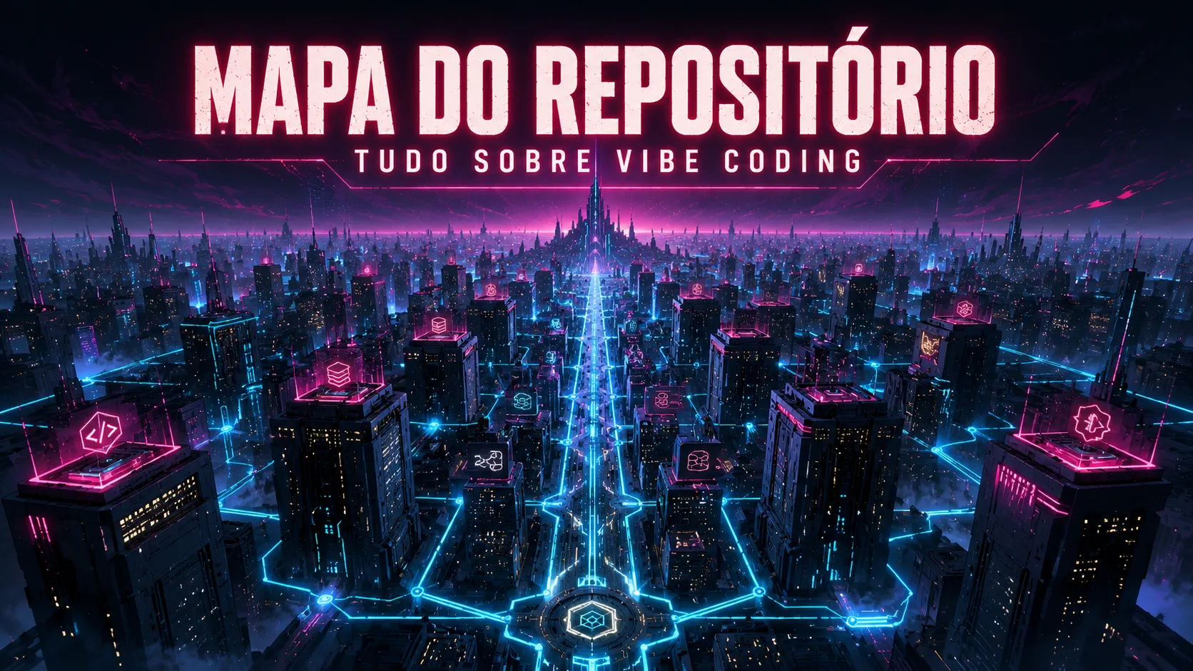 Banner Mapa do Repositório: cidade neon noturna vista do alto com avenida central iluminada