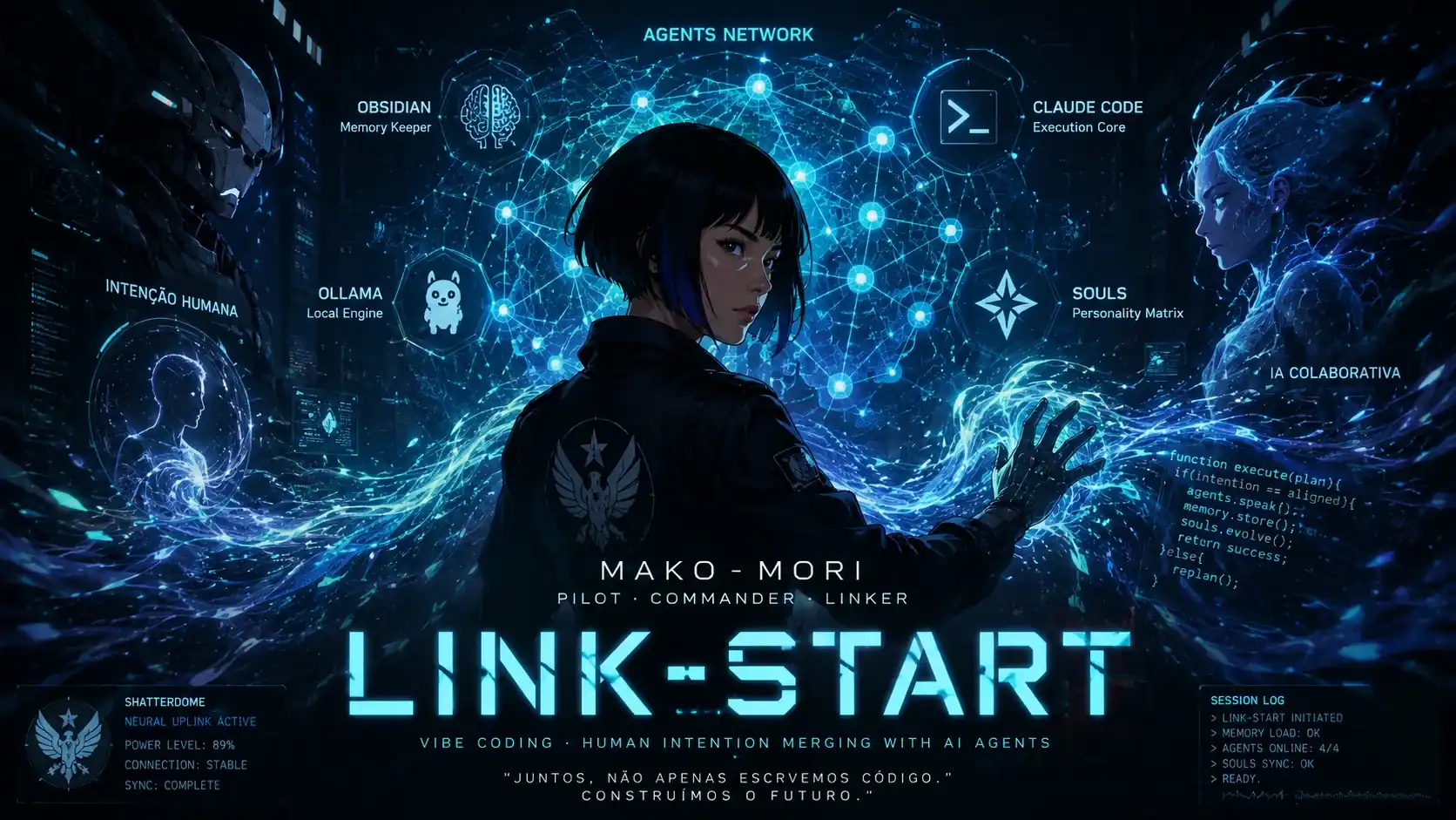 Banner da frota de agentes MAKO-MORI em estilo cyberpunk com o texto Link-Start